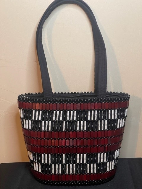 WOOD CHIP WITH BLACK WHITE BEAD BAG